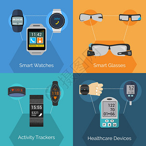 运行的手表可穿戴技术集与智能手表,眼镜,活动跟踪器,平图标,孤立矢量插图可穿戴技术套装插画