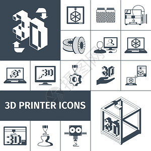 打印机与3D技术黑色装饰图标隔离矢量插图打印机3D图标图片