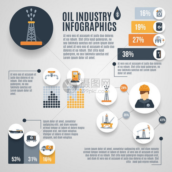 石油工业信息图集与石油开采符号图表矢量插图石油工业信息图表图片