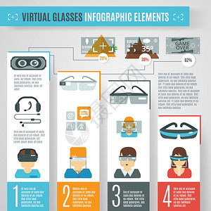 虚拟现实信息集与眼镜相机技术元素矢量插图虚拟眼镜信息图片