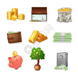 金融装饰图标与现实的货币钱包储蓄罐孤立矢量插图金融图标图片