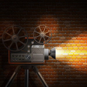复古电影壁纸与现实投影仪聚光灯砖墙背景矢量插图复古电影背景图片
