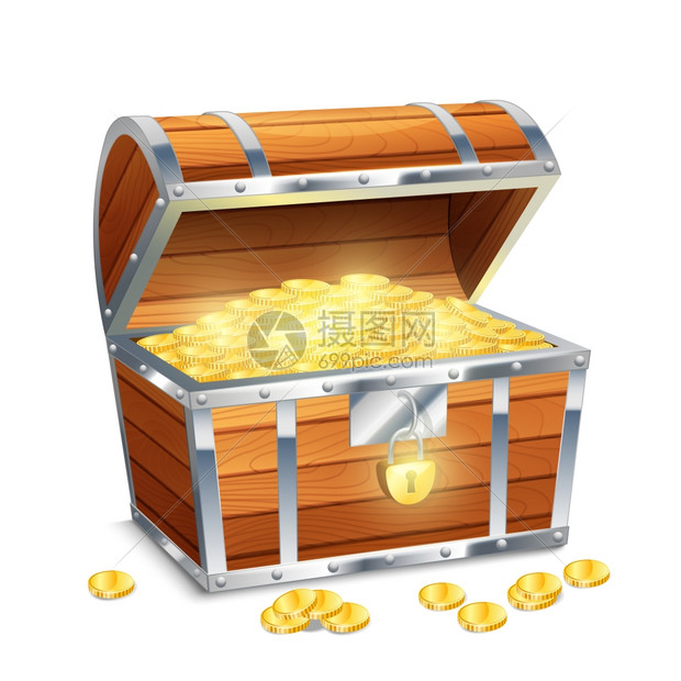 现实的老式海盗宝箱与金币隔离白色背景矢量插图硬币的箱子图片