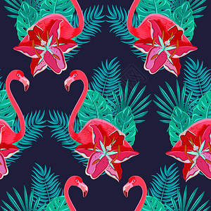火烈鸟热带芙蓉鲜艳的花朵,热带树叶,五颜六色的构图,夏威夷无缝图案,抽象矢量插图火烈鸟百合花五颜六色的无缝图案图片