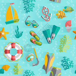 热带岛屿度假纪念品包装纸无缝图案与泳衣潜水浮潜抽象矢量插图夏季热带度假无缝模式图片