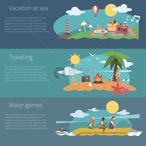 夏季水平横幅假期海上旅游水上游戏元素孤立矢量插图夏季横幅套图片