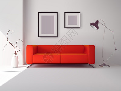 现实的红色方形沙发与灯相框内部矢量插图带框架灯的红色沙发图片