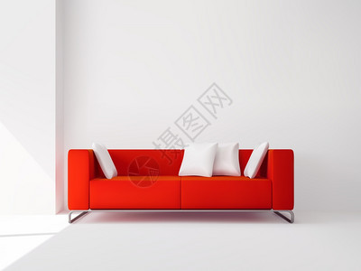 现实的红色方形沙发上的金属腿与白色枕头内部矢量插图带白色枕头的红色沙发图片