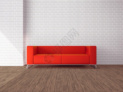 木地板墙室内逼真的红色沙发,木地板白色砖墙矢量插图房间里的红色沙发插画