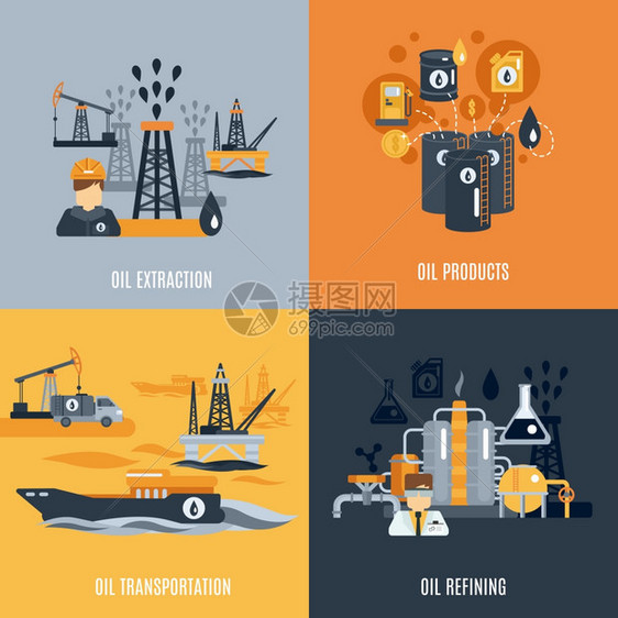 石油工业理念集产品提取运输精炼平图标孤立矢量插图石油工业平图标图片