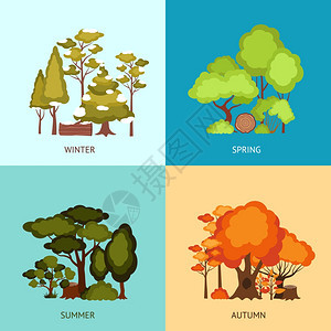 森林与树木同季节平图标孤立矢量插图森林图片