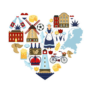 荷兰旅行符号荷兰地标的心形平矢量插图荷兰心脏图片