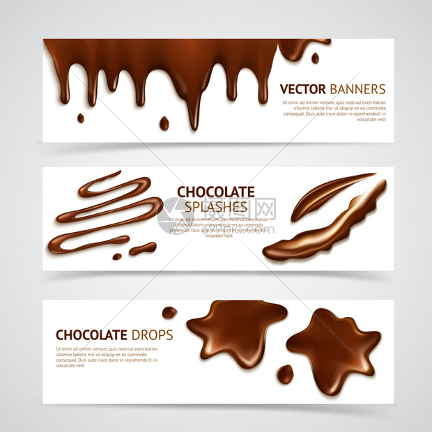 闪亮光滑,美味,深色优质巧克力飞溅口水滴横幅现实的孤立矢量插图巧克力横幅套图片