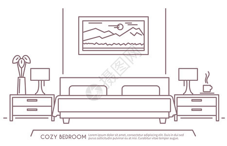 家庭酒店卧室内部与舒适的家具轮廓矢量插图卧室家具轮廓图片