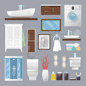 浴室家具平图标与水槽马桶毛巾隔离矢量插图浴室家具公寓图片