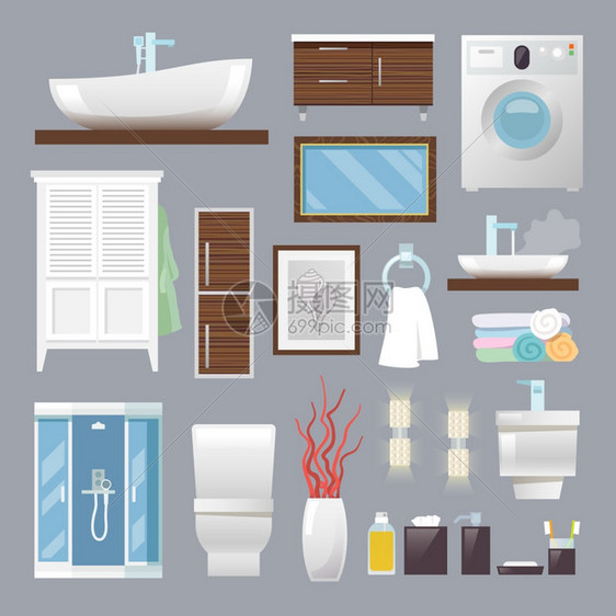 浴室家具平图标与水槽马桶毛巾隔离矢量插图浴室家具公寓图片