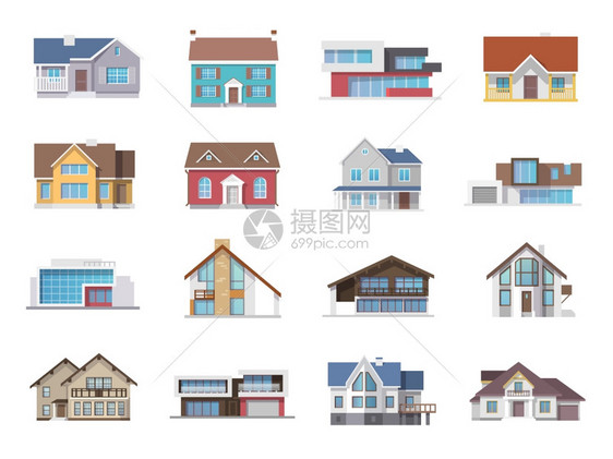城镇别墅各种房地产建筑图标平矢量插图房子图标平图片