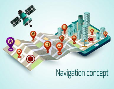 卫星地图导航与卡通手机等距与路线标记矢量插图移动导航插画