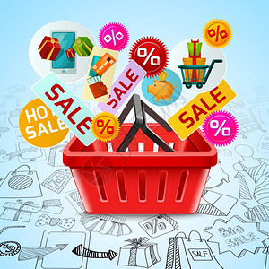 销售时间与购物篮互联网商店涂鸦符号矢量插图购物销售图片