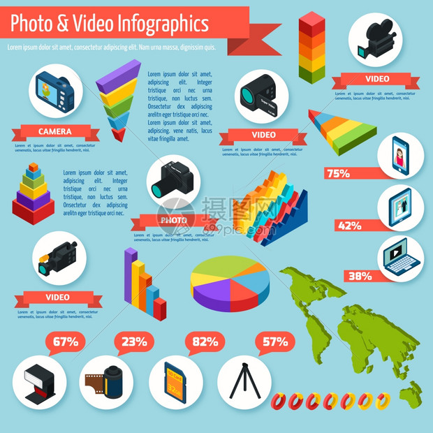 照片视频信息集与摄影设备等距图表矢量插图照片视频信息图表图片