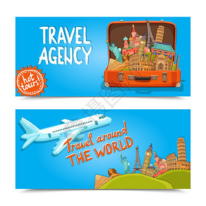 世界各地的旅行社水平横幅手提箱的著名观光客矢量插图世界各地旅行社横向横幅图片