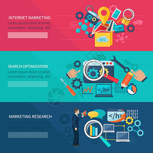 SEO营销横幅与互联网搜索优化元素隔离矢量插图SEO营销横幅图片