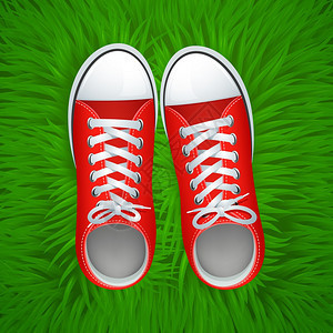 时髦的红色胶鞋顶部视图的草背景矢量插图红色胶鞋顶部视图图片