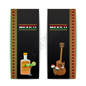 墨西哥横幅垂直龙舌兰鸡尾酒马拉卡吉他孤立矢量插图墨西哥横幅垂直图片