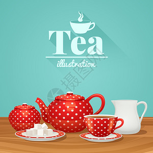 红色波尔卡点茶陶集与茶壶杯茶托矢量插图茶陶插图图片