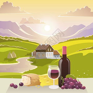 葡萄酒奶酪包与山景乡村房子的背景矢量插图山上葡萄酒奶酪图片