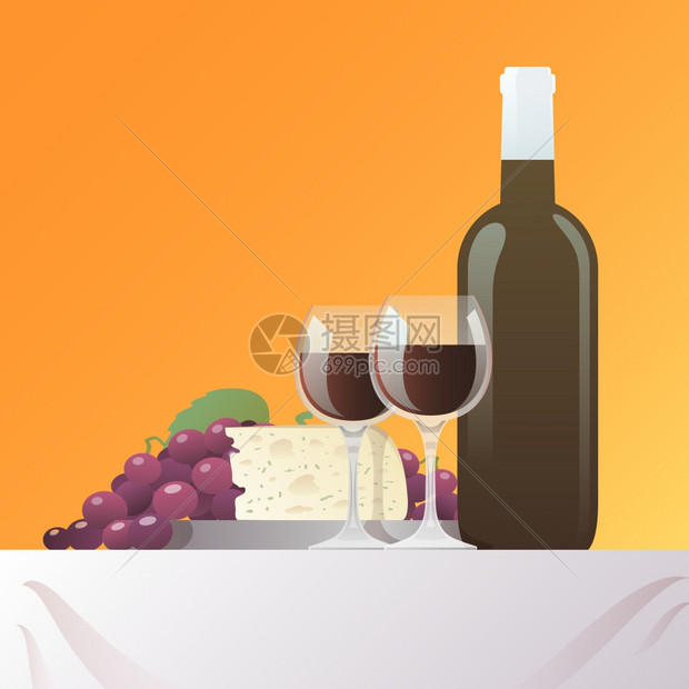 红酒瓶酒杯与葡萄奶酪生命矢量插图葡萄酒奶酪存图片