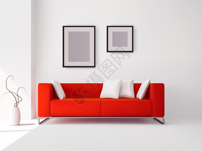 现实的红色沙发,白色枕头,框架盆栽植物矢量插图带枕头框架的红色沙发图片