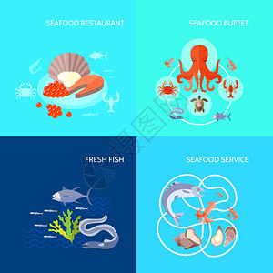 海鲜图标扁平海鲜理念集新鲜鱼类自助餐餐厅平图标孤立矢量插图图片