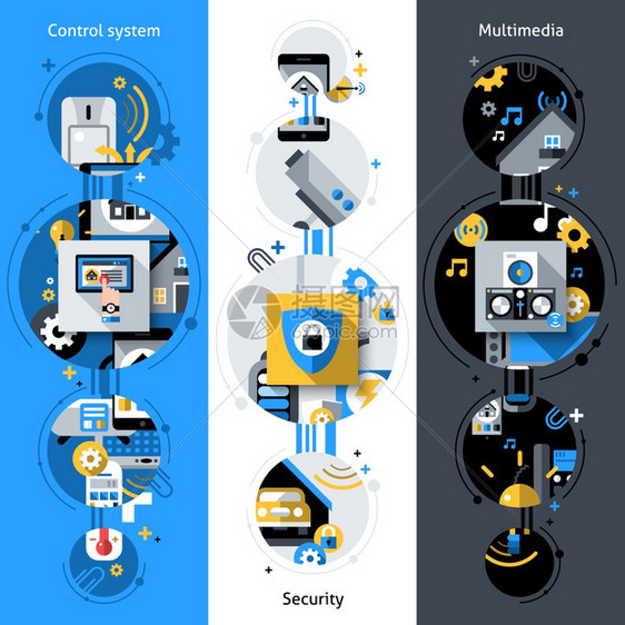 智能房屋垂直横幅与安全多媒体控制系统平元素隔离矢量插图智能房屋横幅图片