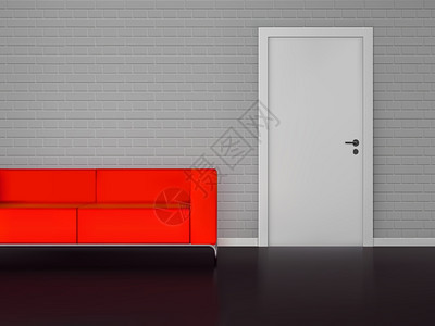 现实的红色沙发,砖墙封闭的白色门内景插图砖墙与白色门红色沙发图片