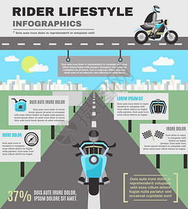 骑手信息与骑摩托车路上矢量插图骑手信息集图片