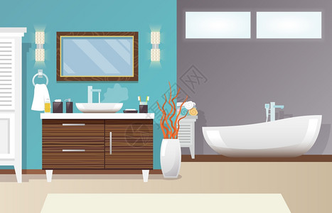 浴室配件现代浴室内部与家具卫生配件平矢量插图现代浴室内部插画