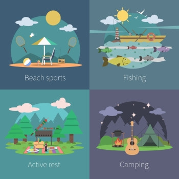 夏季与海滩运动钓鱼活动露营平图标孤立矢量插图夏季公寓套装图片