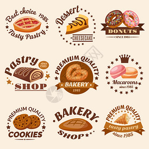 糕点甜点标志甜甜圈,马卡龙饼干矢量插图糕点章套装高清图片