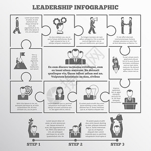 领导信息图集领导启动拼图信息集与三个步骤的成功平矢量插图图片