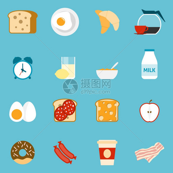 早餐图标早餐图标三明治,牛奶咖啡蓝色背景平孤立矢量插图图片