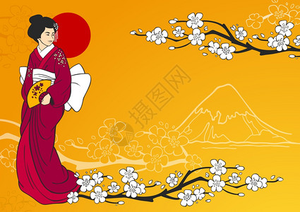 艺伎传统的日本背景下,用樱花山脉剪影矢量插图艺妓矢量插图图片
