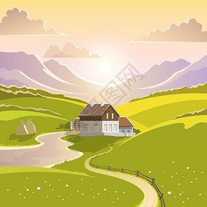 山景与夏季阳光绿草甸乡村房屋矢量插图山区景观插图图片