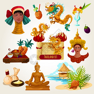 泰国旅游集卡通装饰鸡尾酒佛像热带水果孤立矢量插图泰国旅游套装图片