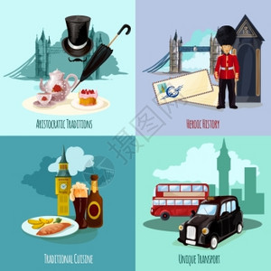 伦敦旅游理念集美食运输卡通图标孤立矢量插图伦敦旅游套装图片