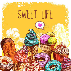 甜点海报与草图冰淇淋甜甜圈纸杯蛋糕矢量插图甜蜜的素描插图图片