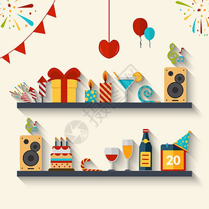 庆祝与扁平的节日符号集礼品,蛋糕气球矢量插图庆祝扁平背景图片