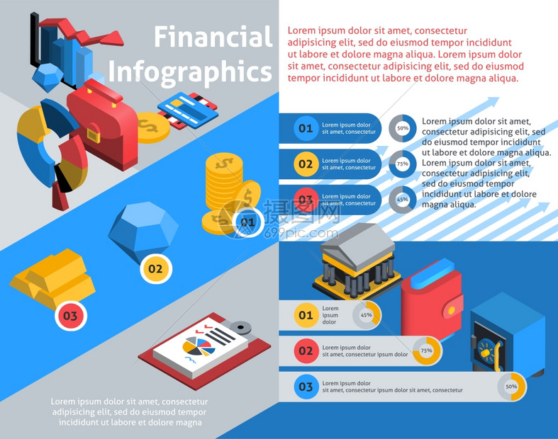金融信息集与等距银行投资符号矢量插图金融信息图表等距图片