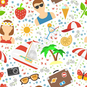 暑假背景与花滩游艇平矢量插图暑假假期背景图片