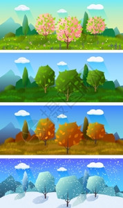 高山草甸景观的四季4横横幅抽象孤立矢量插图四季景观横幅图片